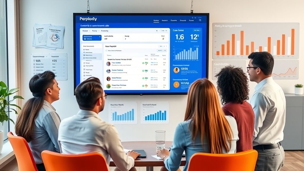 The Perplexity Sonar API interface displayed in a modern office, analyzing LinkedIn customer data, symbolizing the transformation of AI marketing strategies.